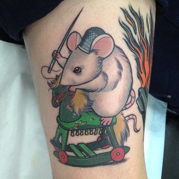 Mouse on a horse tattoo by Dan Molloy
