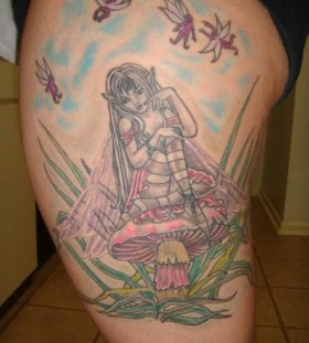 Mushroom fairy leg tattoo