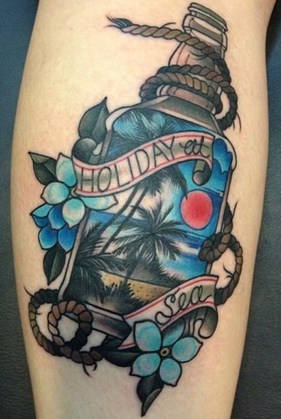 Nice bottle tattoo by Amanda Leadman