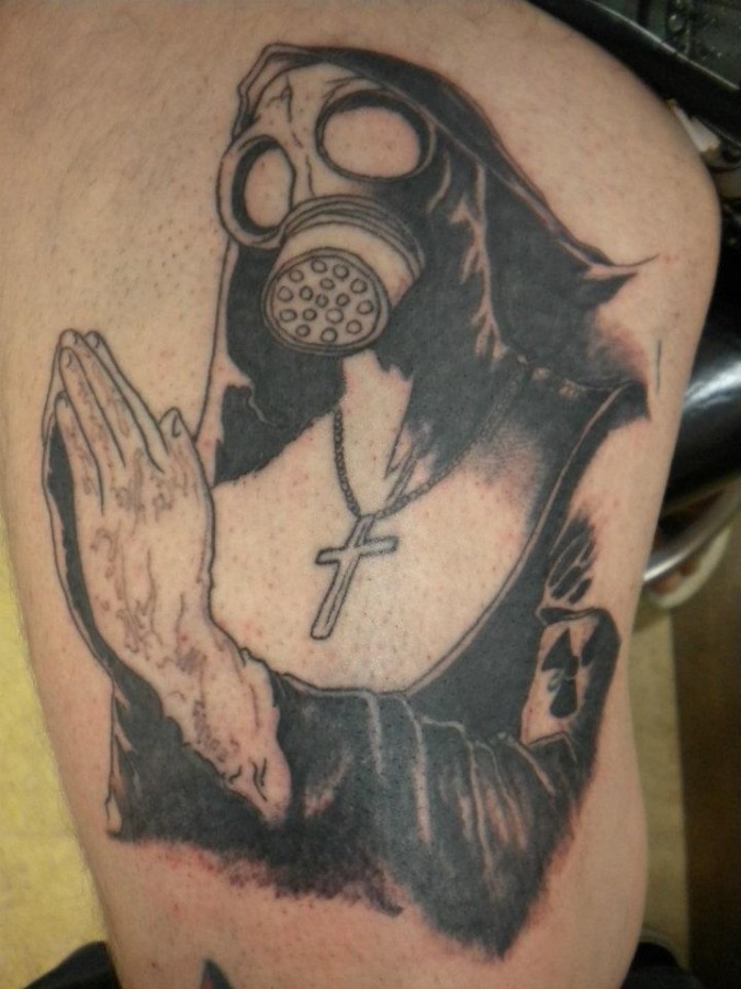 Nun with gas mask tattoo