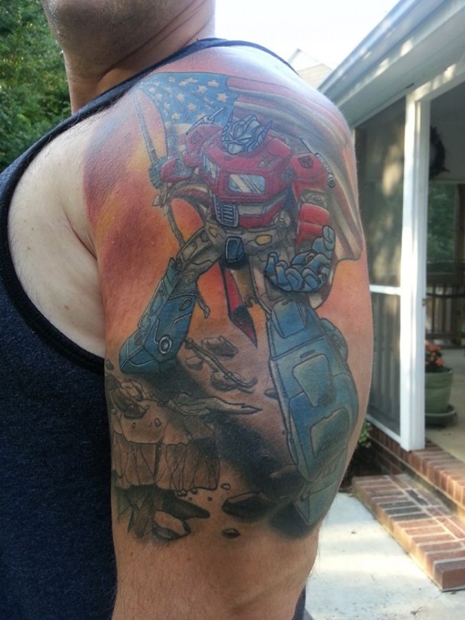 Optimus prime with american flag tattoo