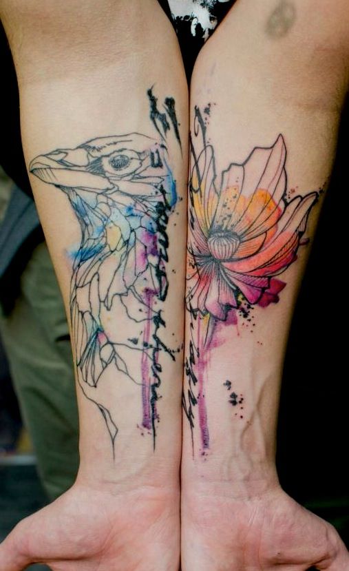 Owl and flower black watercolor tattoo