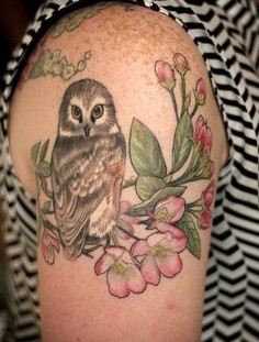Owl and flowers tattoo by Alice Kendall