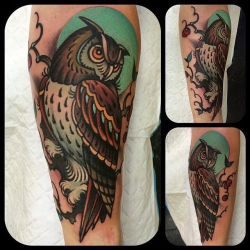 Owl tattoo on arm by W. T. Norbert