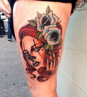 Painted face lady tattoo by Jon Mesa