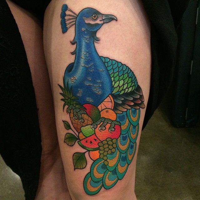 Peacock and fruit tattoo by Clare Hampshire