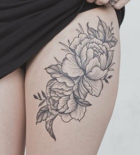 Peony flower on thigh tattoo