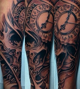 Perfect skull clock tattoo