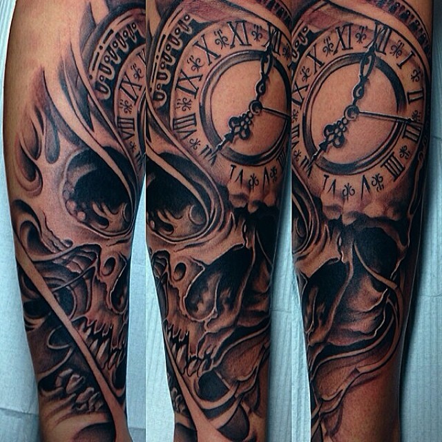 Perfect skull clock tattoo