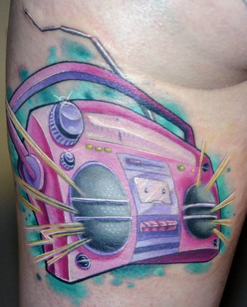 Pink boombox leg tattoo
