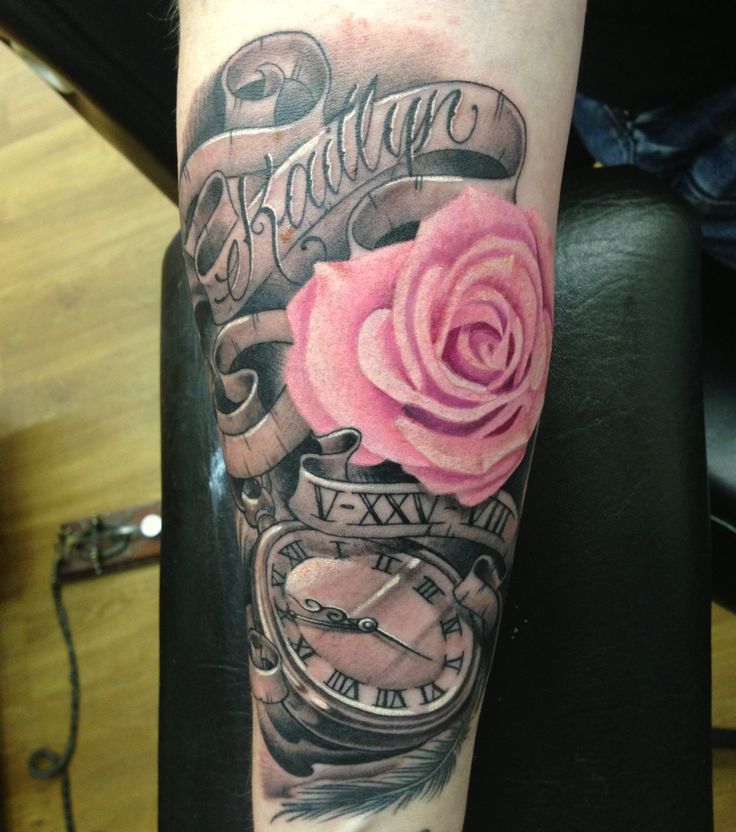 Pocket watch and pink rose tattoo