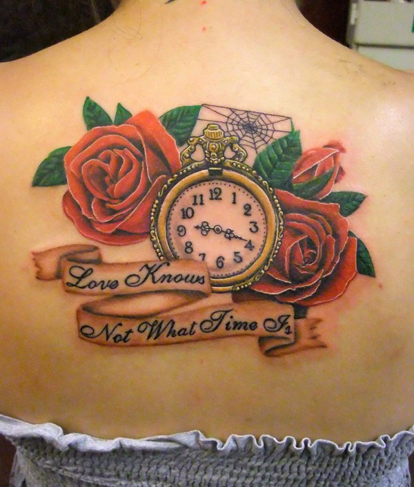 Pocket watch and roses tattoo