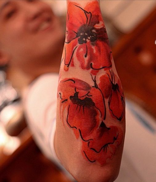 Poppies arm tattoo by Chen Jie