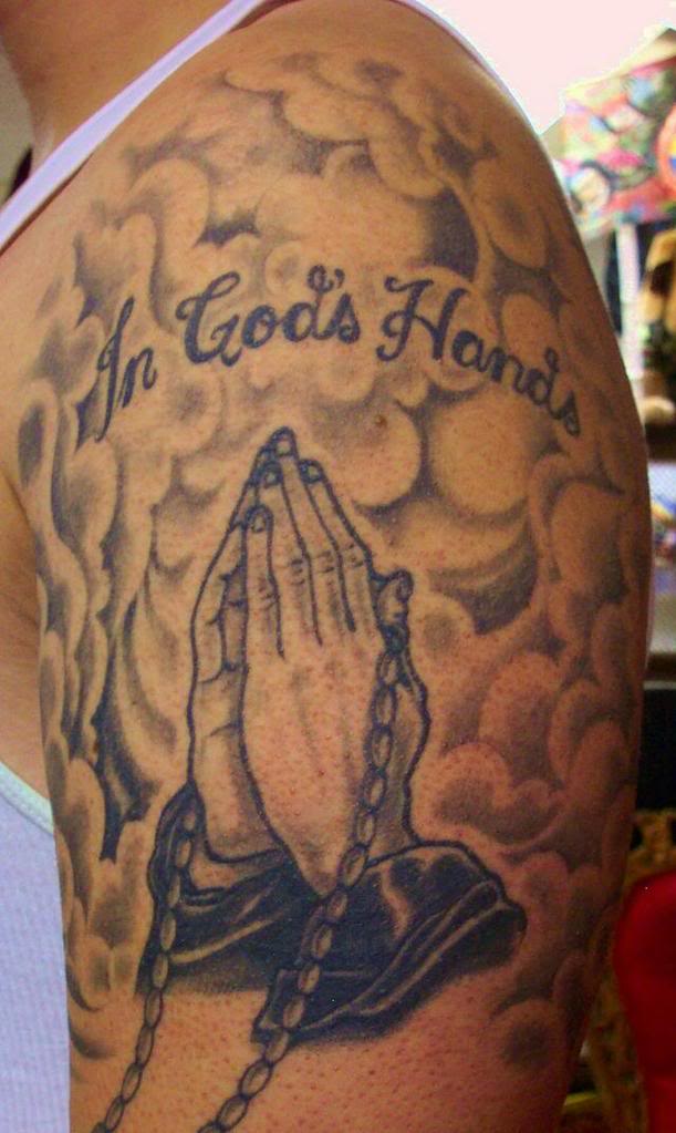 Praying hands and clouds tattoo, Cloud tattoos. 