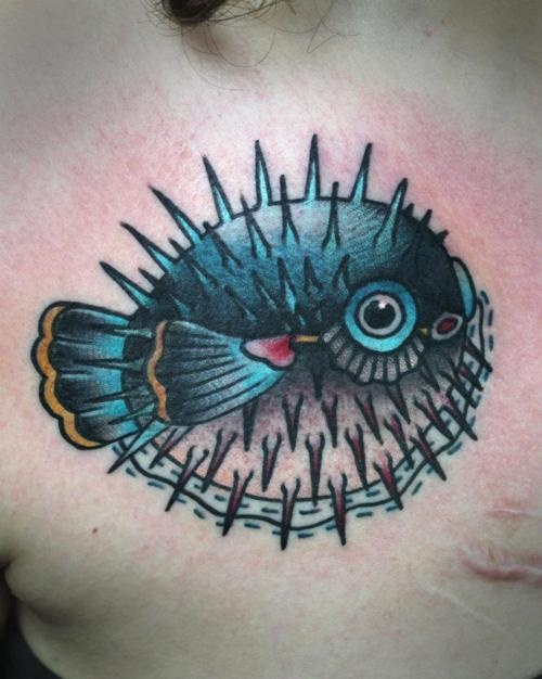 Puffer fish tattoo by Nick Oaks