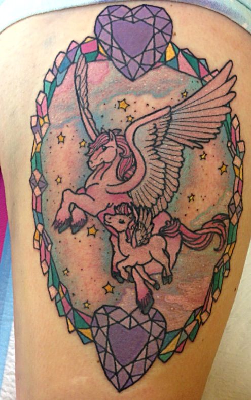 Purple crystal heart and unicorn tattoo by lauren winzer