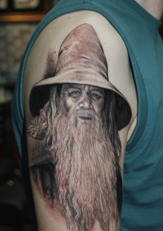 Realistic Gendalf arm tattoo