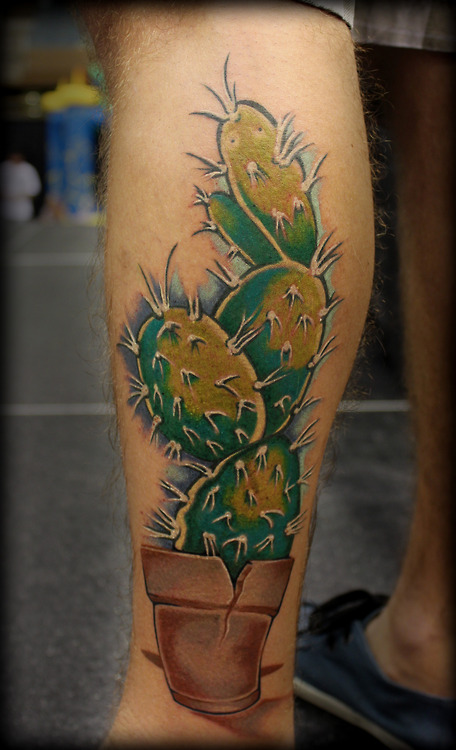 Realistic cactus leg tattoo