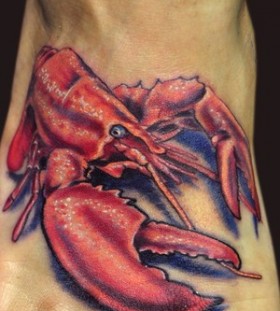 Realistic red lobster foot tattoo