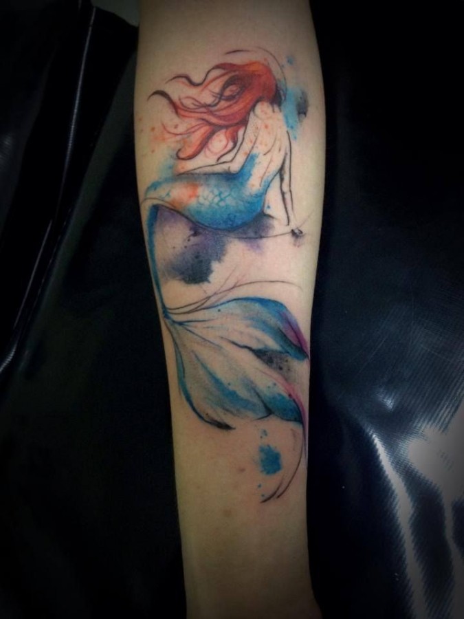 Red hair mermaid watercolor tattoo