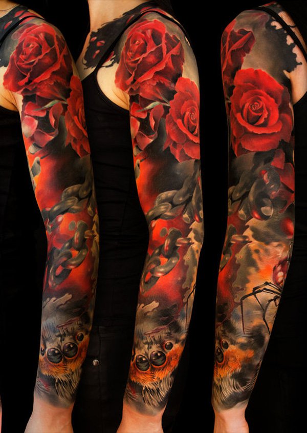 Red roses full arm tattoo