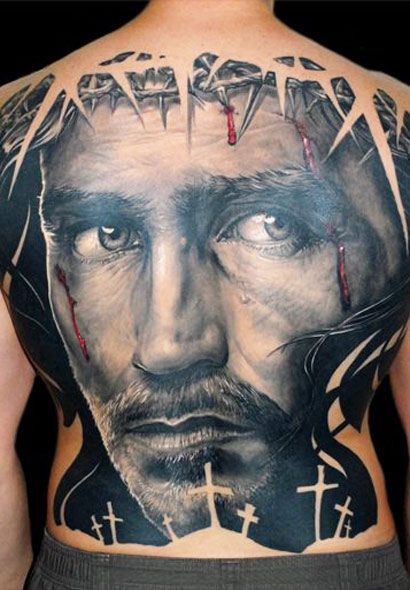 Religious back tattoo by James Tattooart