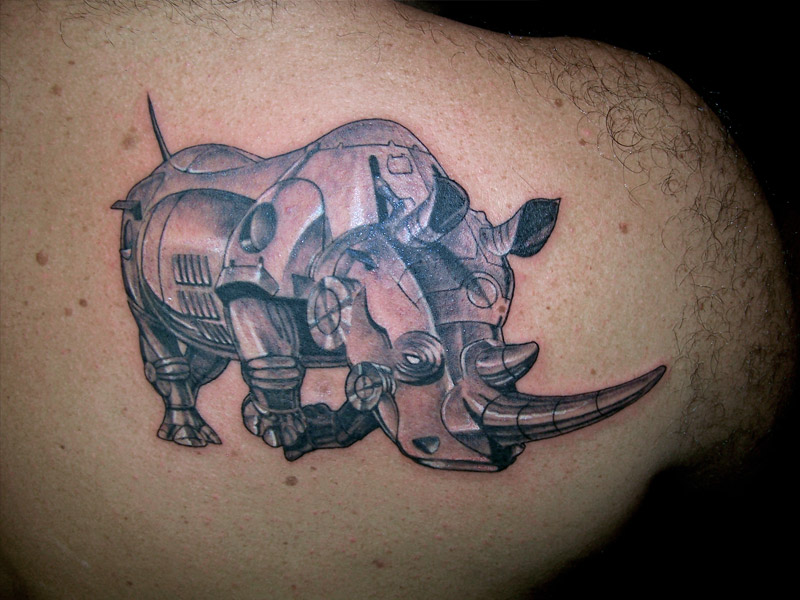 Robot rhino back tattoo