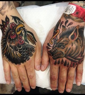 Rooster and boar hand tattoos by James McKenna