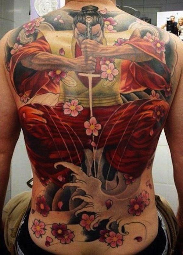 Samurai and flowers back tattoo
