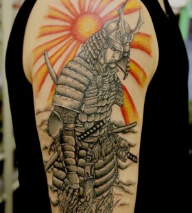 Samurai and sun arm tattoo