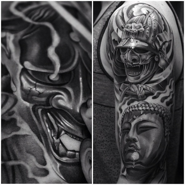 Samurai mask and buddha tattoo