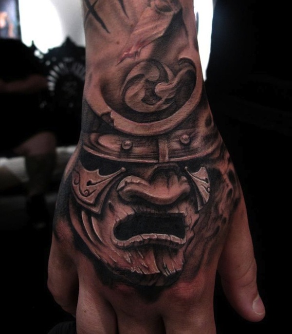 Samurai mask hand tattoo