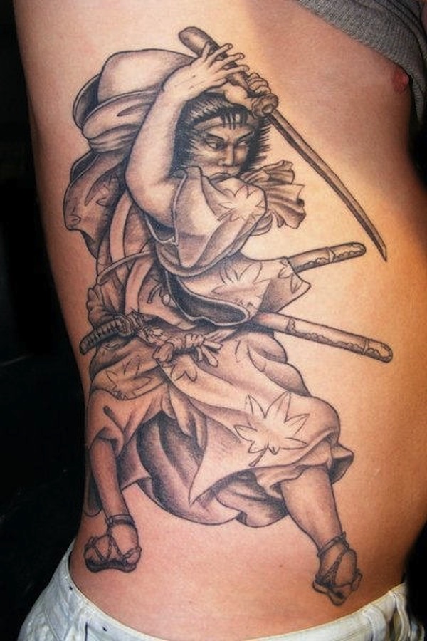 Samurai with sword side tattoo