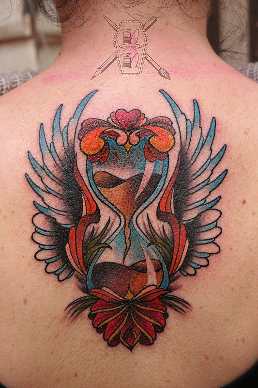 Sand clock with wings back tattoo