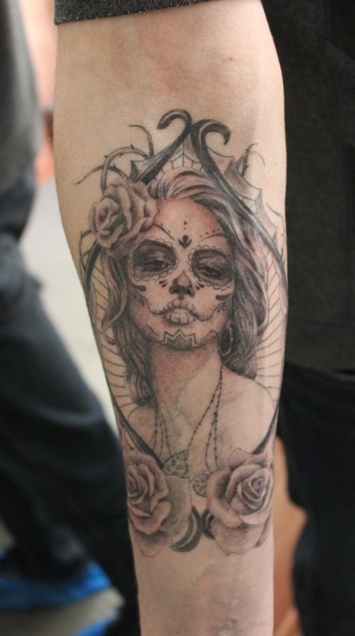 Santa Muerte . Black and gray tattoo
