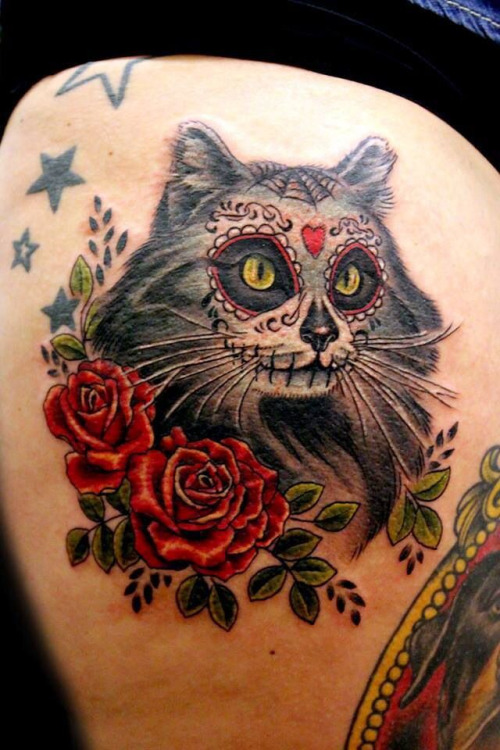 Santa Muerte cat tattoo