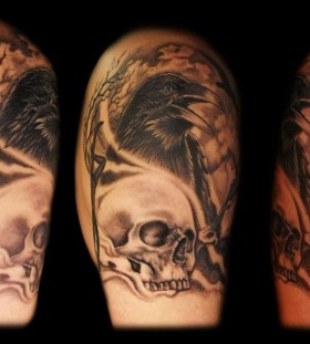 Scary raven and skull tattoo