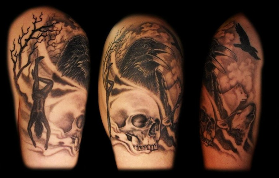Scary raven and skull tattoo
