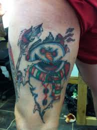 Scary snowman with broom tattoo