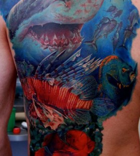 Sea creatures back tattoo by Dmitriy Samohin