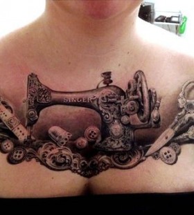 Sewing machine chest tattoo by Ellen Westholm