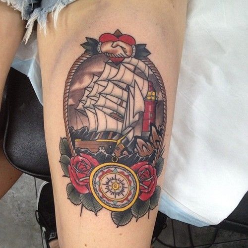 Ship and roses tattoo by Dan Molloy