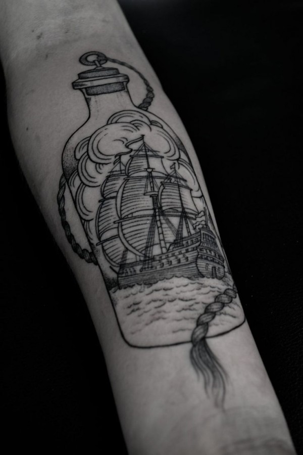 Ship in a bottle tattoo by Thomas Cardiff