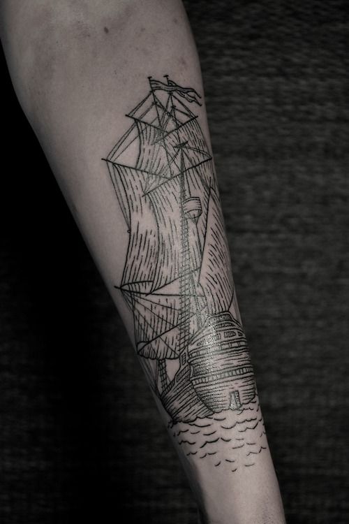 Ship tattoo on arm by Thomas Cardiff