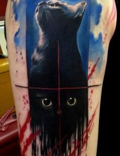 Shoulder cat tattoo by Tribo Tattoo