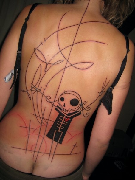 Skeleton back tattoo by Yann Black