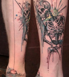Skeleton fishing leg tattoo