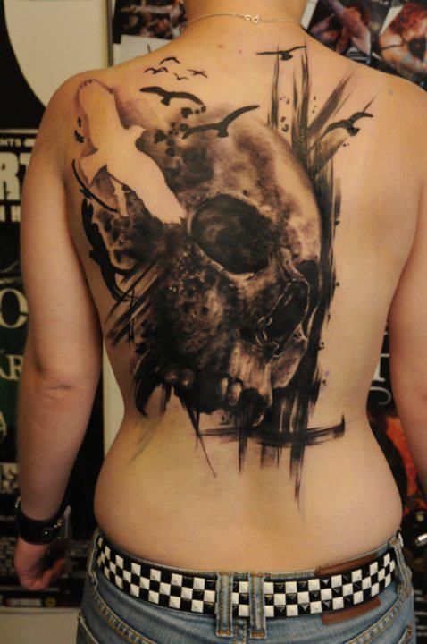 Skull and birds back tattoo by Florian Karg