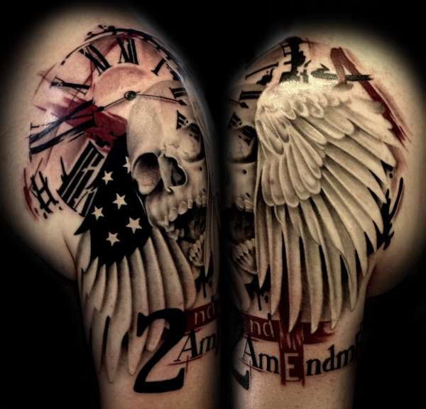 Skull and clock and american flag tattoo