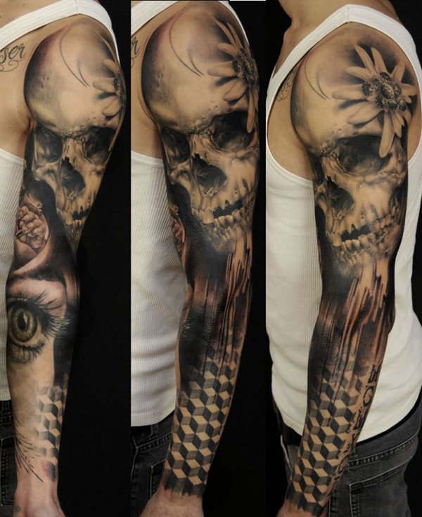 Skull and eye full arm tattoo